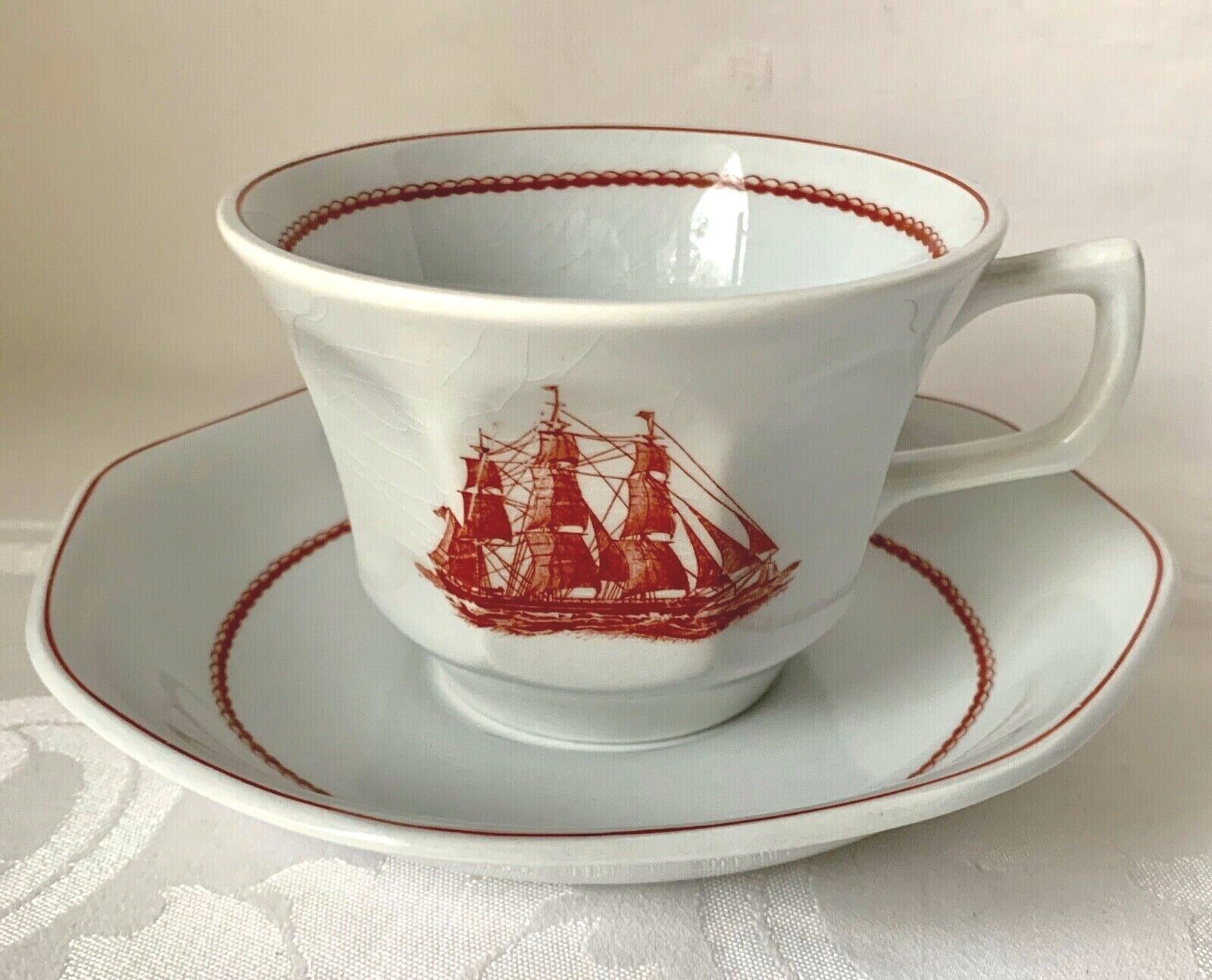 WEDGWOOD FLYING CLOUD RED RUST FINE CHINA CUP & SAUCER, SAILING SHIP
