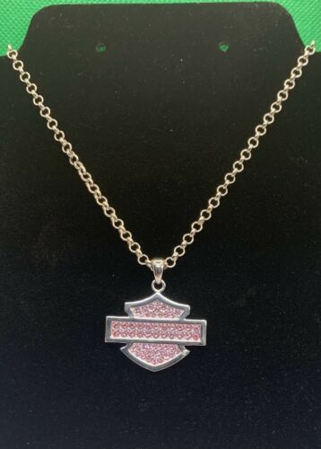 Harley Davidson Bar & Shield Limited Edition Necklace Silver Chain Pink Stones