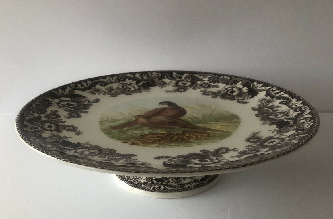 SPODE WOODLAND FOOTED PEDISTAL PHEASANT CAKE PLATE STAND WITH STICKER TAG-NEW