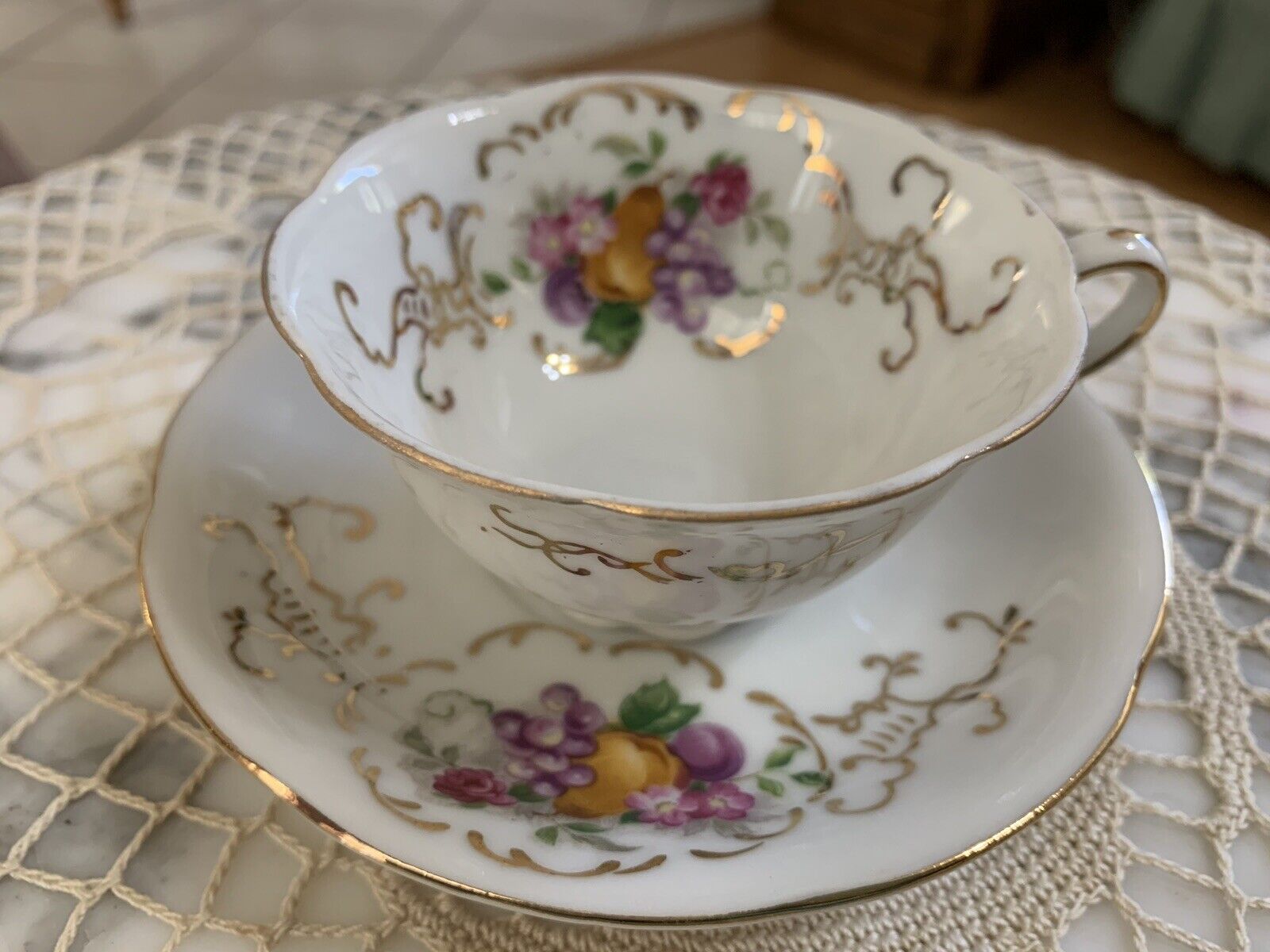 Demitasse Cup & Saucer Gold Trim W/ Flowers & Fruit Good Condition