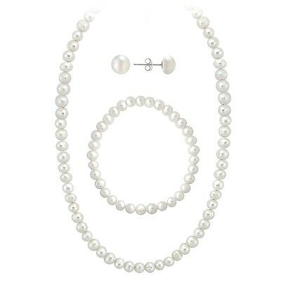 925 Sterling Silver 5.5-6mm Freshwater Pearl Necklace Bracelet Earrings Set
