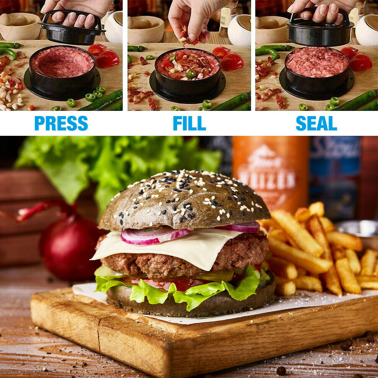 Non Stick 3 IN 1 Stuffed Burger Press Hamburger Patty Molds Maker Sliders BBQ US