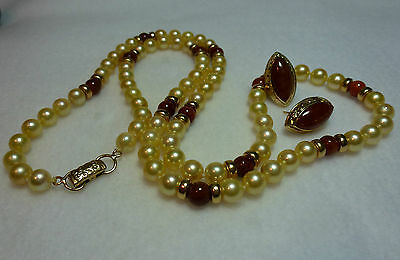 Ming's Necklace Earrings Set Honey Red Jade Golden Pearls 14k Yellow Gold