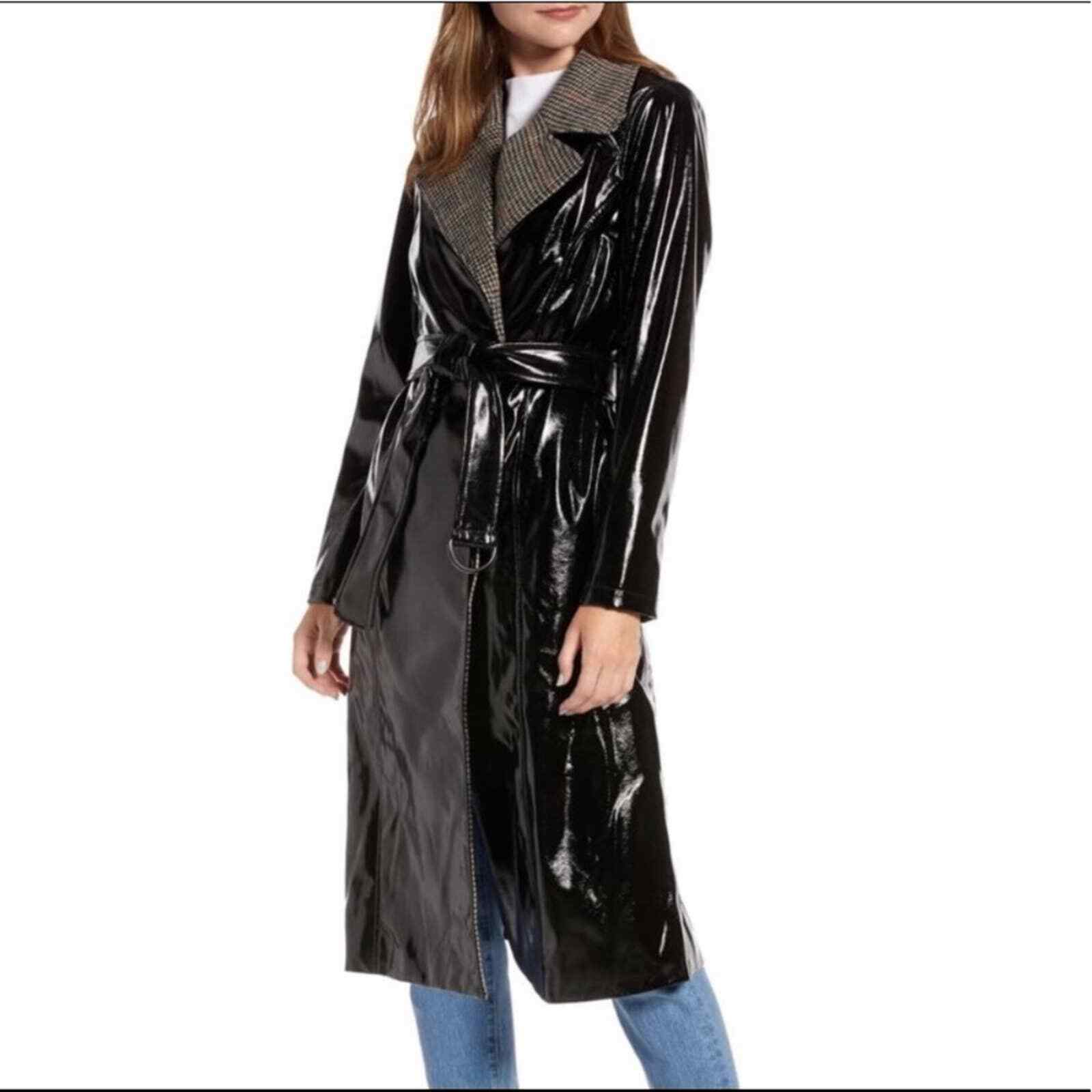 Something Navy Glossy Trench Coat Plaid Collar, Black, Small, NWOT, MSRP $179