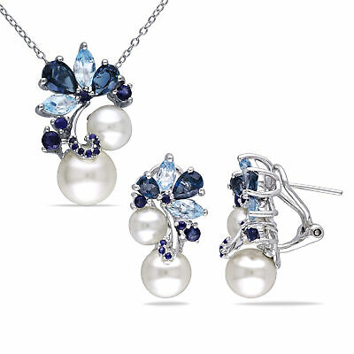 Amour Sterling Silver Cultured FW Pearl Blue Topaz Sapphire Necklace & Earrings