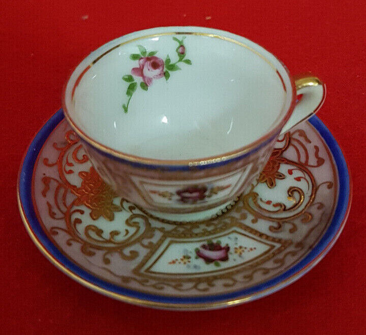 Vintage Occupied Japan Miniature Cup and Saucer. Ornate Gilded Design. Very Tiny